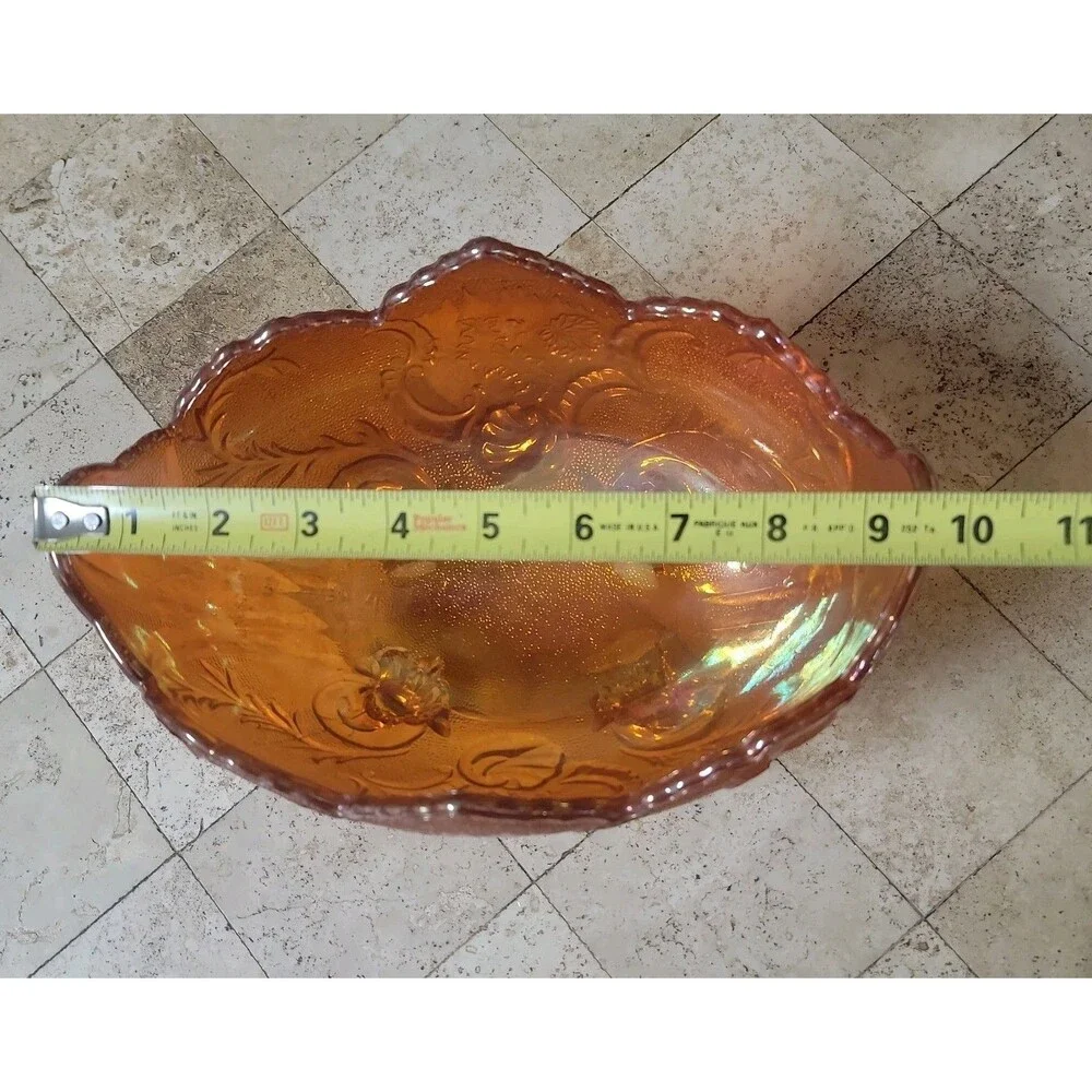 Vintage Carnival Glass Iridescent Footed Bowl Marigold Scalloped Floral Pattern